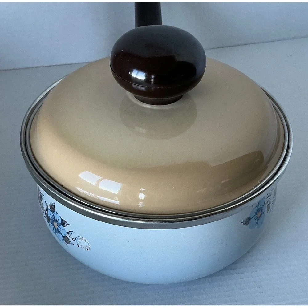 Vintage Enamelware Saucepan Floral‎ Pot with Lid Blue Brown White 1.5qt